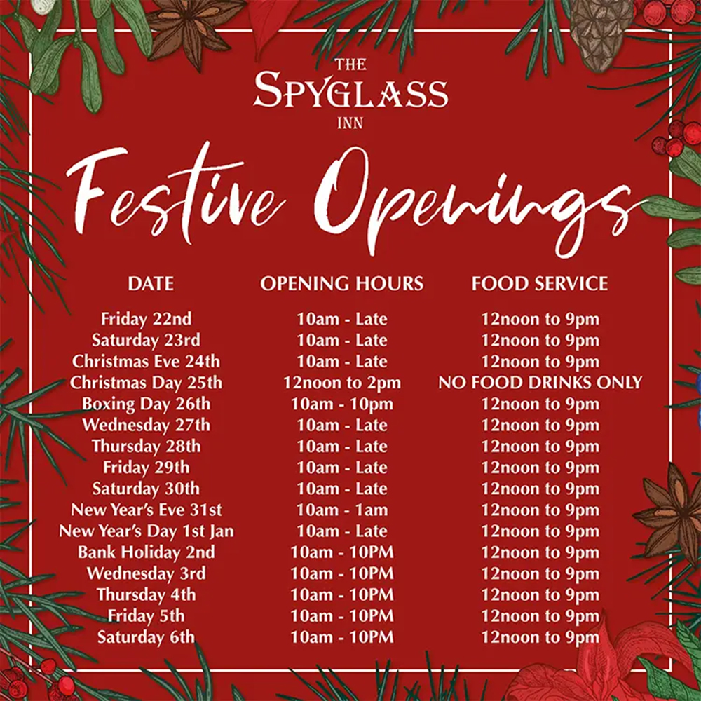 The Spyglass Inn - Christmas Opening Hours 2023